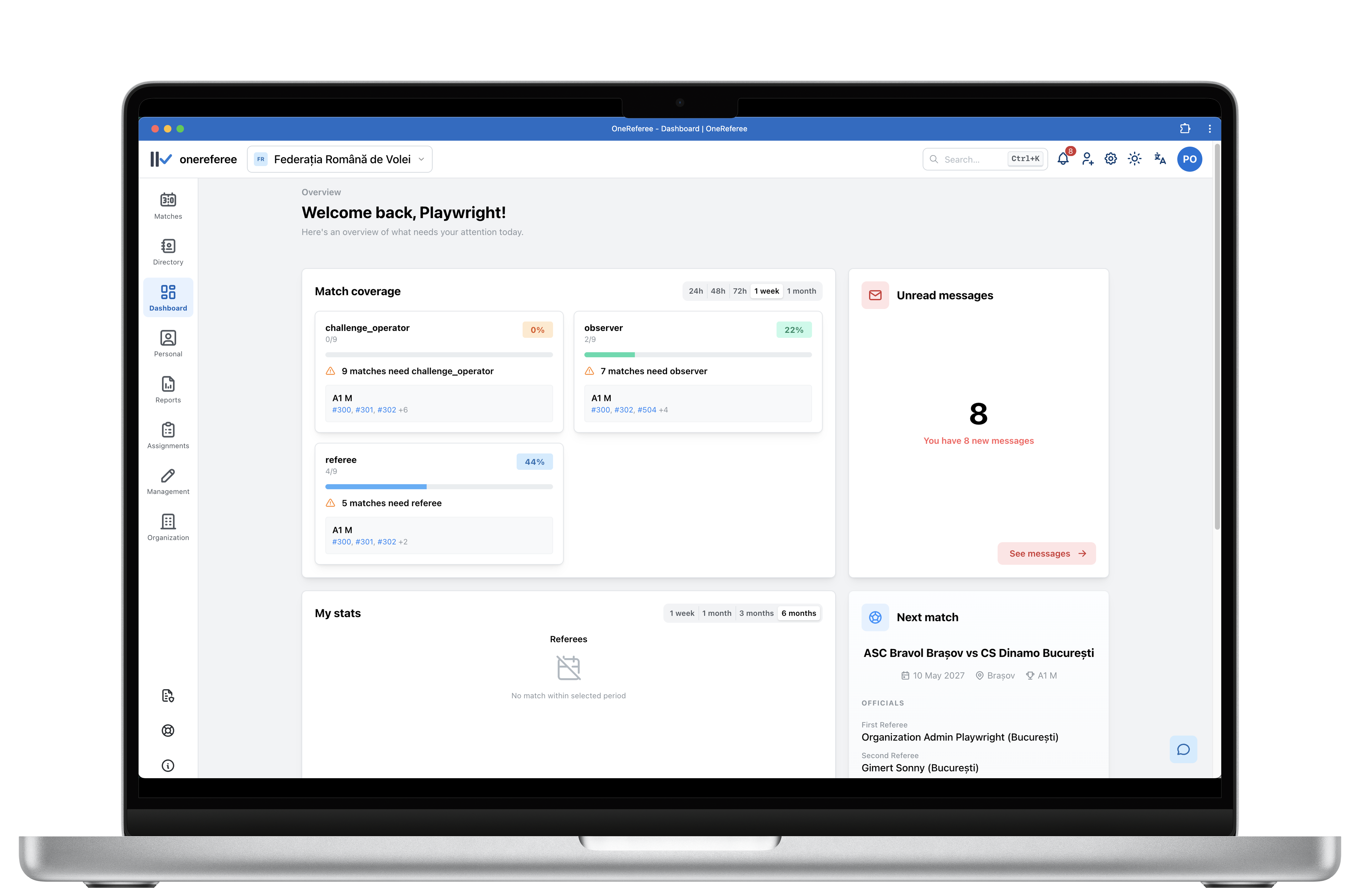 OneReferee dashboard showing referee assignments, scheduling, and workflow management
