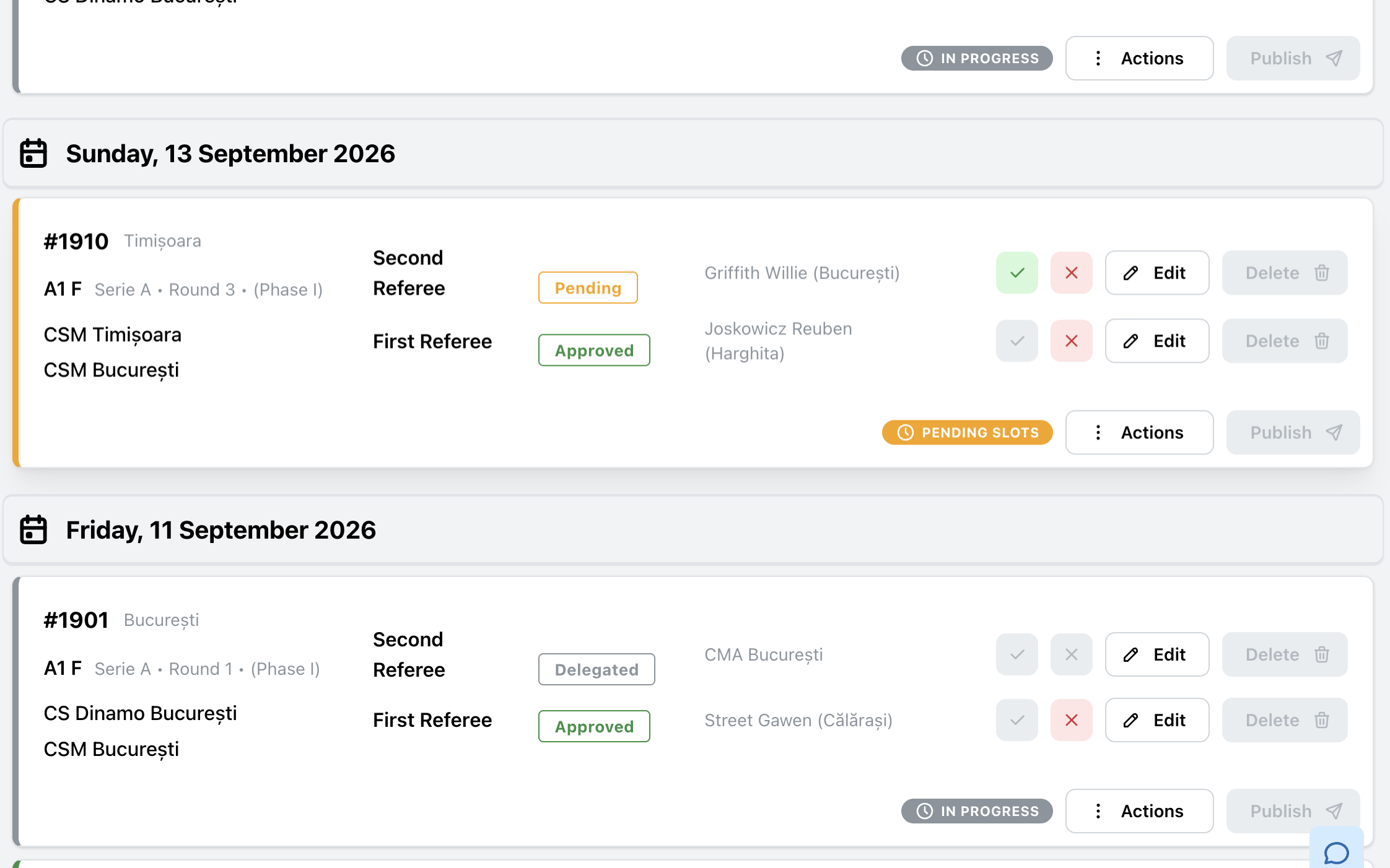 OneReferee workflow showing draft, delegation, approval, and publishing