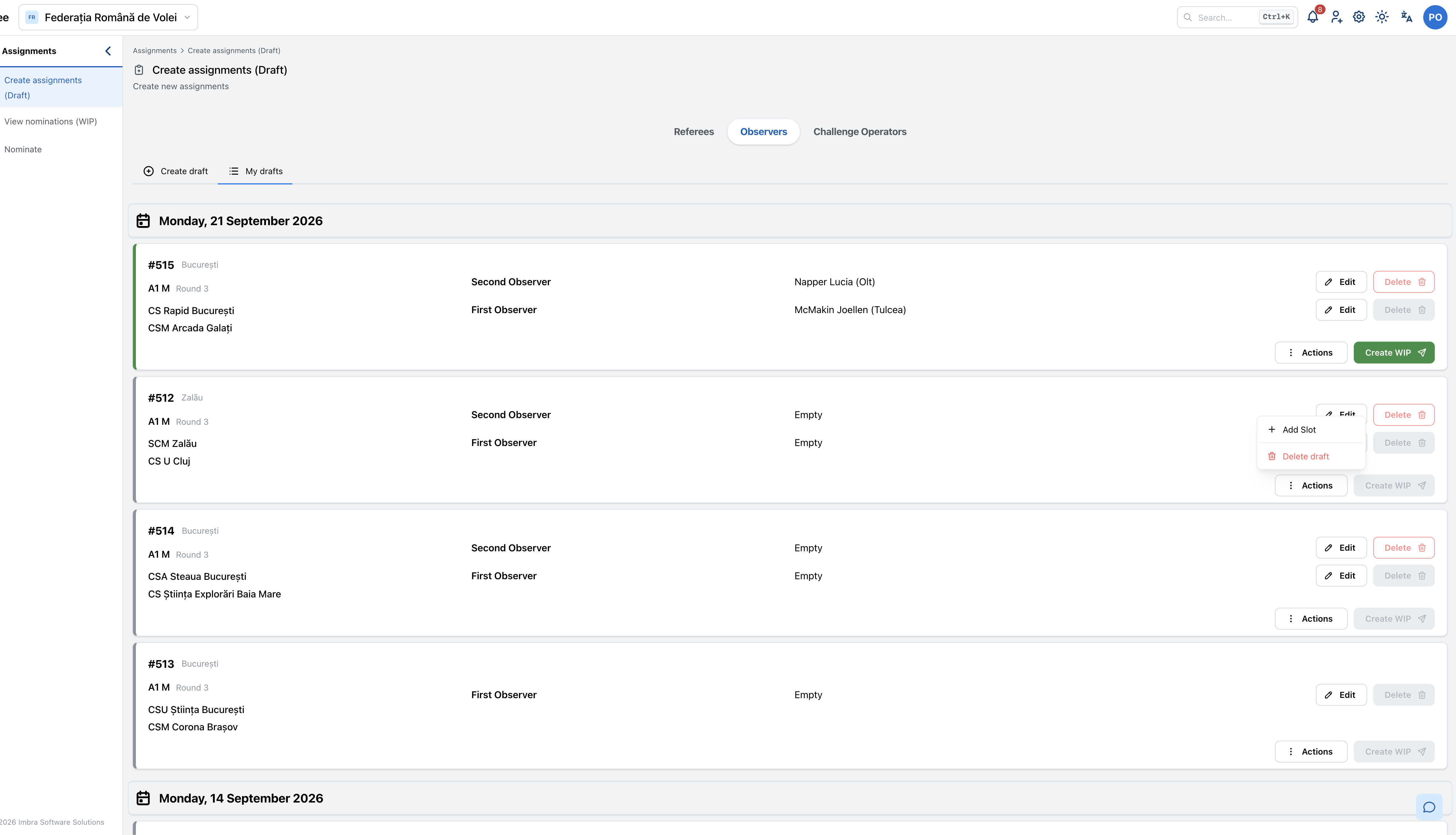 OneReferee draft assignment workspace