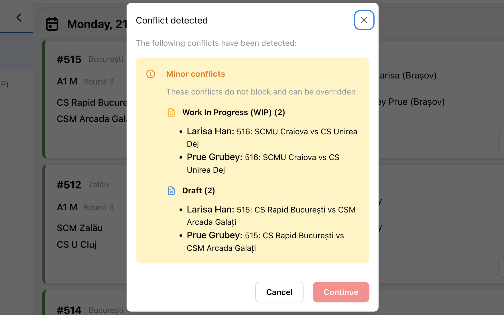 OneReferee availability and conflict detection screen